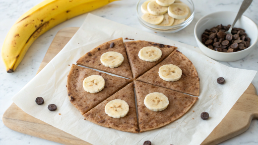 Banana slices arranged neatly on tortilla