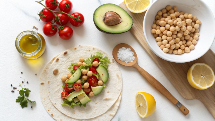 Ingredients for avocado chickpea salad wrap