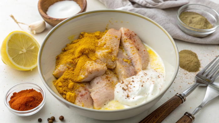 Marinating chicken strips with yogurt and spices