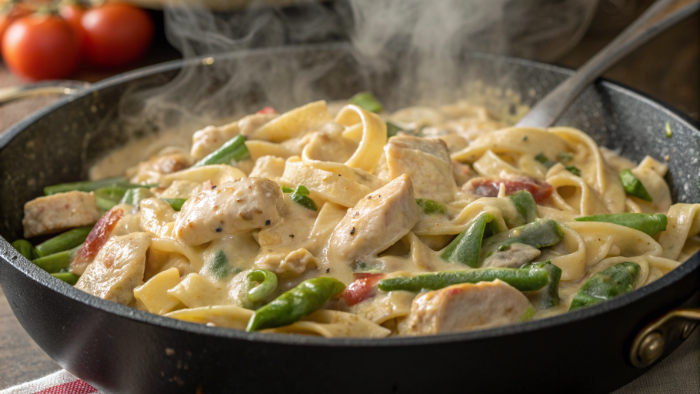 Close-up creamy chicken pasta bowl