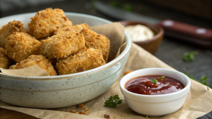 Healthy crispy chicken bites served