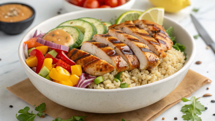 Close-up final healthy high-protein chicken bowl