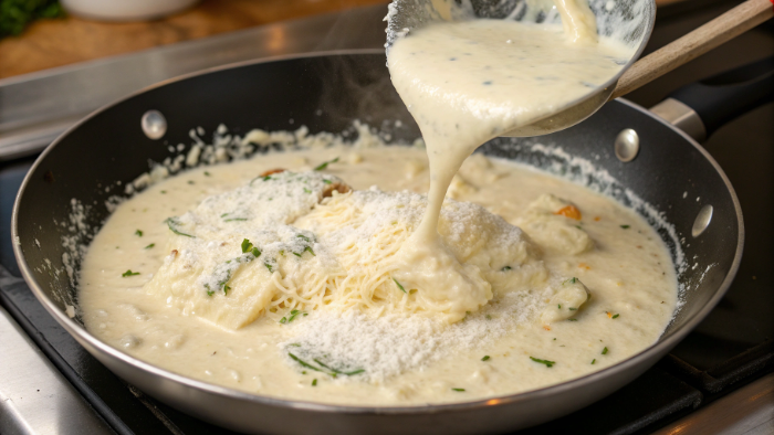 Combining creamy pasta with chicken