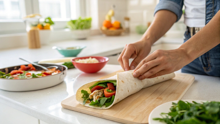 Healthy chicken wrap sliced and ready to serve