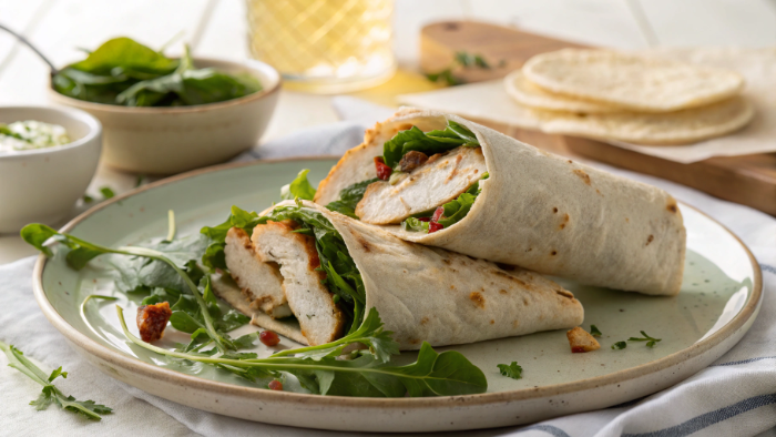 Close-up of clean low-calorie chicken wrap