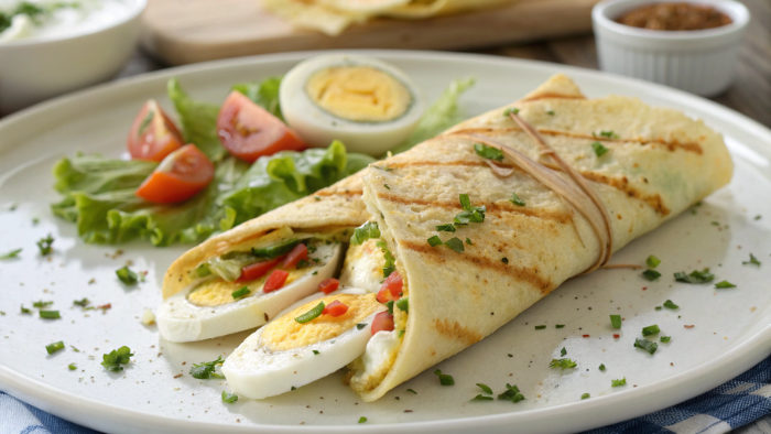 Close up of egg wrap filling showing eggs and spinach