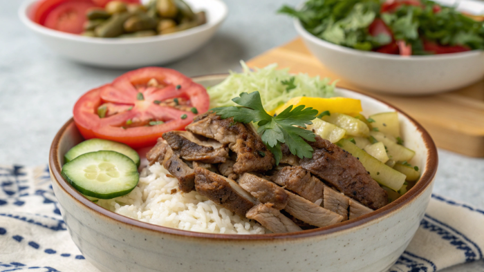 Close-up shawarma bowl high-protein