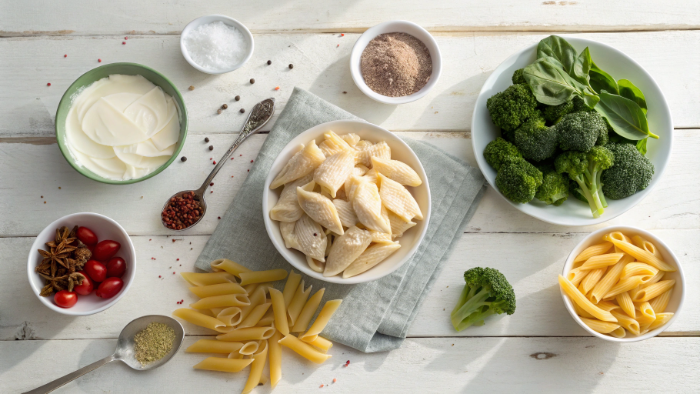 Top view of ingredients for high-protein creamy chicken pasta