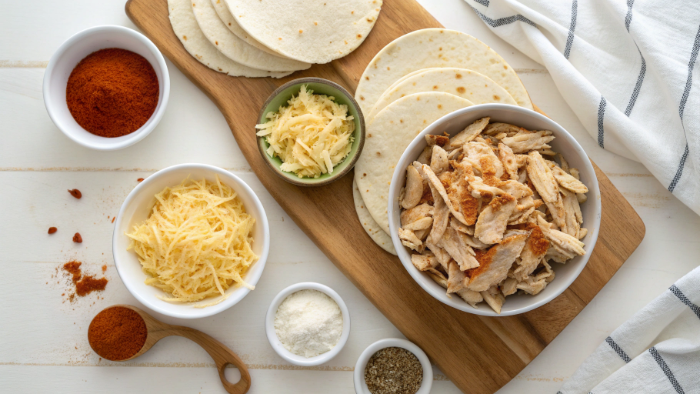 Chicken quesadilla ingredients flat lay
