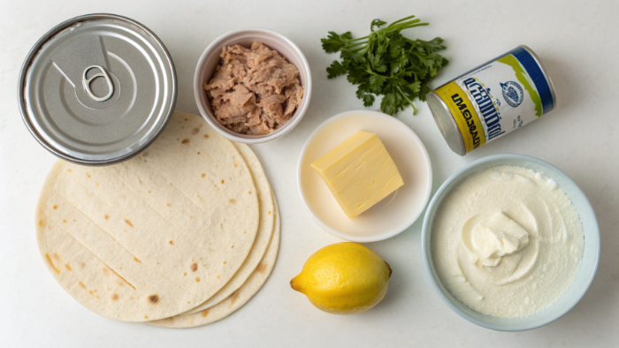Tuna, tortilla, cheese — ingredients flat lay