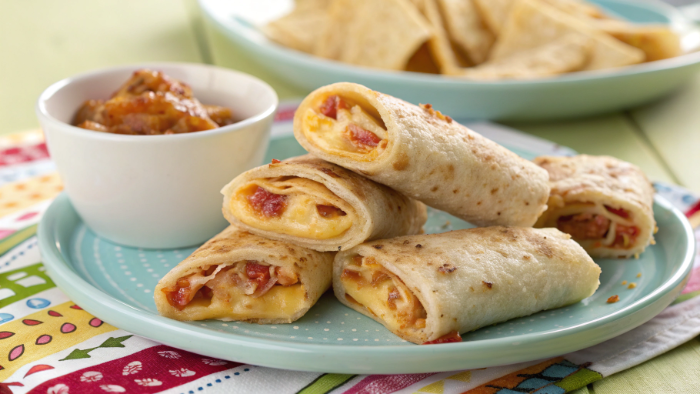Crispy cheesy tortilla roll-ups on plate