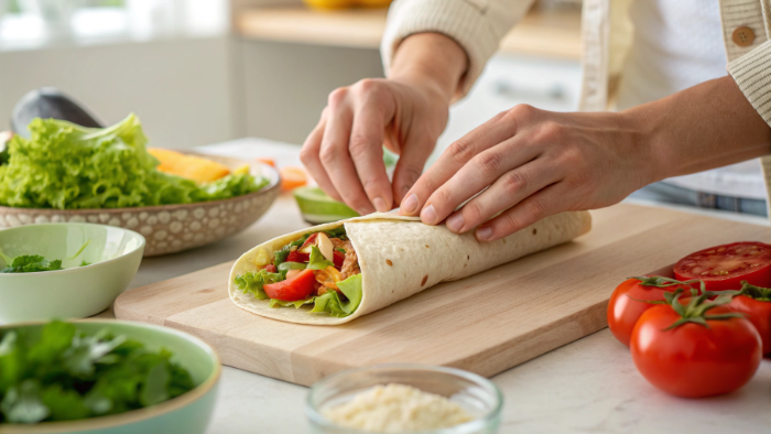 High-protein egg wrap sliced in half, healthy weight loss meal