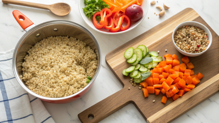 Assembling the healthy high-protein chicken bowl