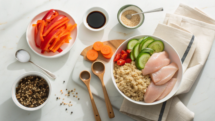 Ingredients for healthy high-protein chicken bowl recipe