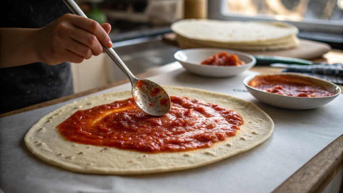 Spread the pizza sauce on tortilla