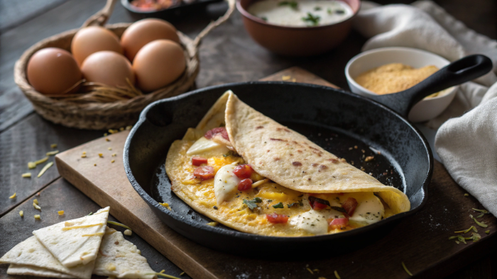 Adding tortilla on top of the eggs