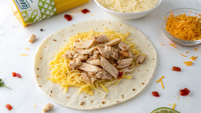 Rolling the tortilla with chicken and cheese