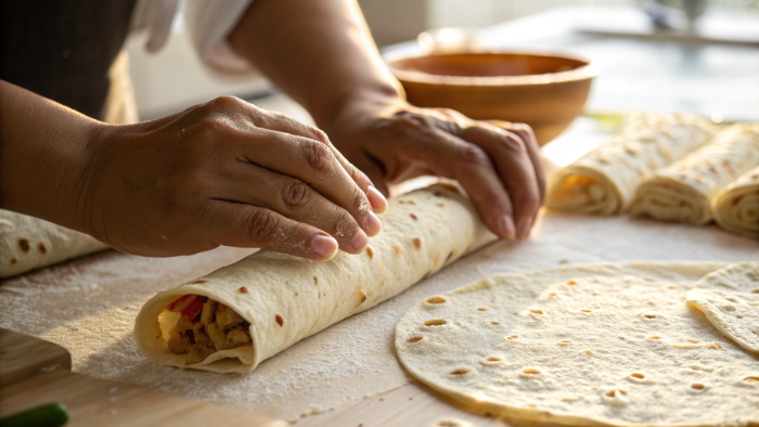 Pan toasting the tortilla roll-up