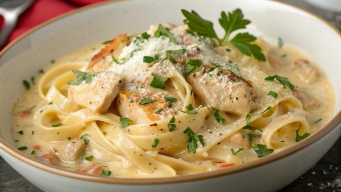 Top view creamy high-protein pasta