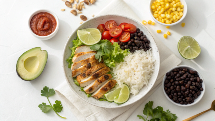Ingredients for healthy high-protein chicken veggie rice bowl