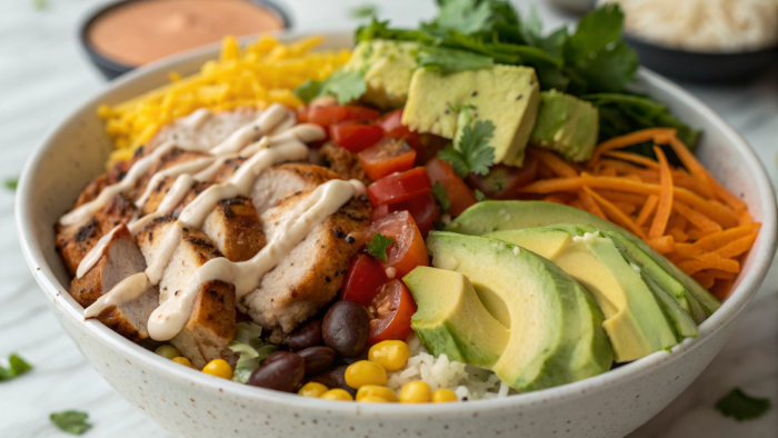 Top view of chicken veggie rice bowl