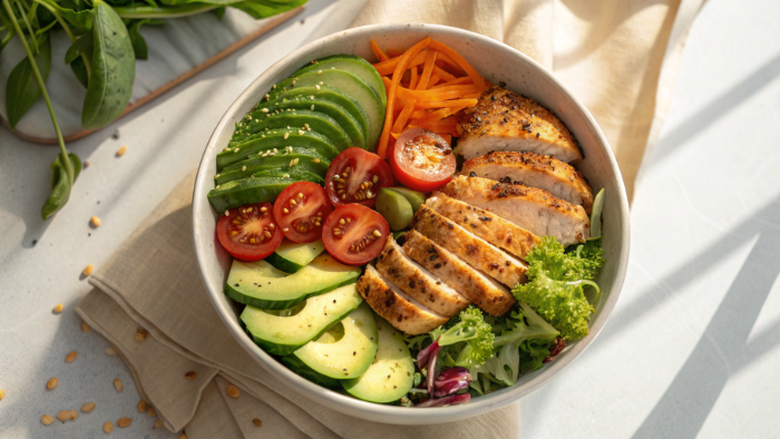 Healthy chicken bowl served fresh