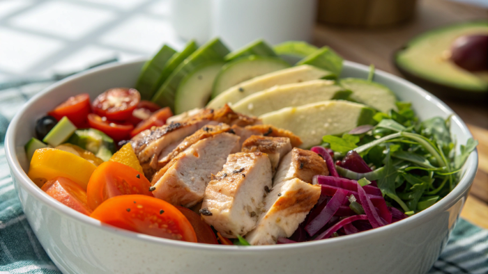 Top view of healthy chicken bowl